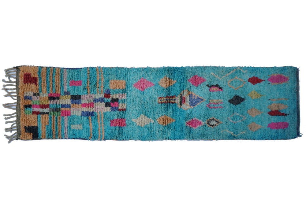 Grand tapis couloir berbère ancien Boujad bleu à losanges colorés