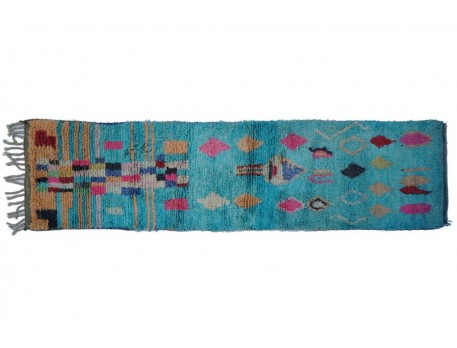 Large Vintage Boujad berber rug blue with colorful rhombus 