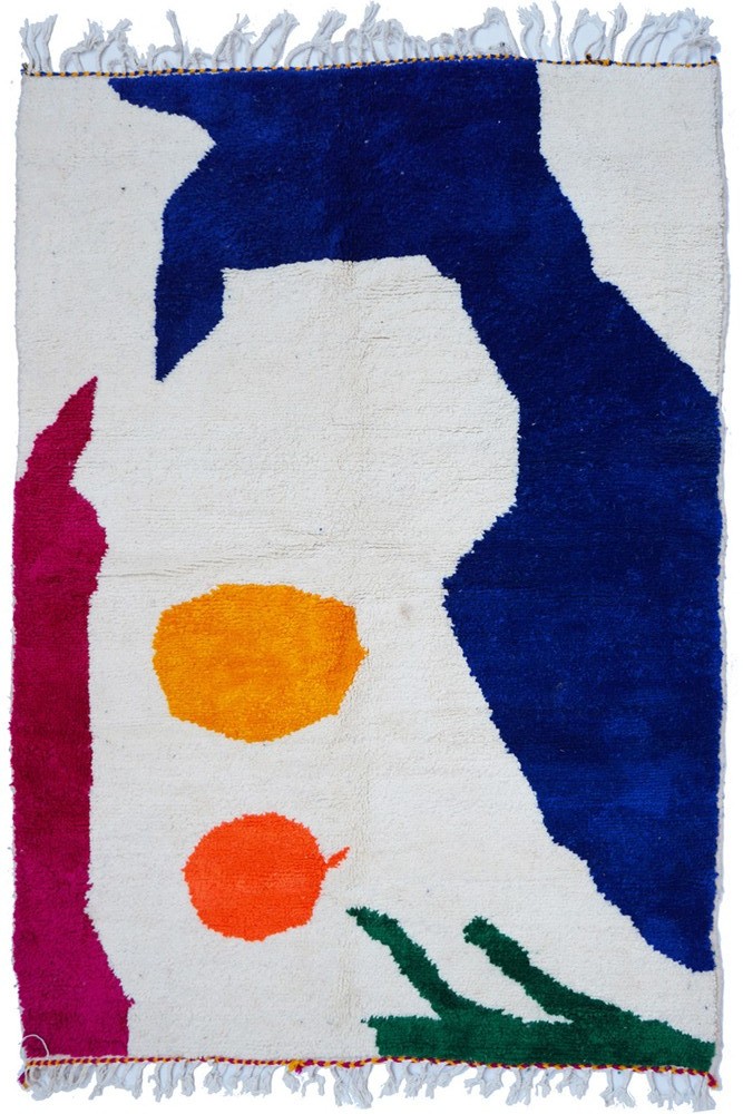 Large Moroccan Berber wool rug from Azilal with abstract motifs in blue, yellow, red, and green.