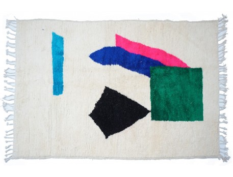 Grand tapis berbère abstrait en laine Azilal vert bleu rose noir