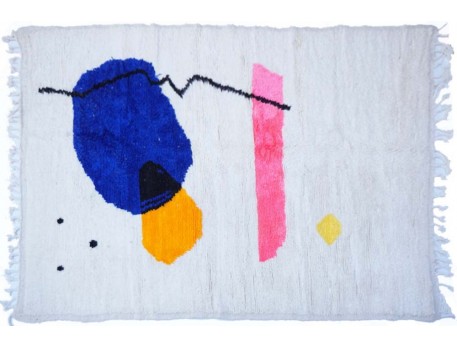 Grand tapis berbère abstrait bleu rose jaune fluo en laine Azilal