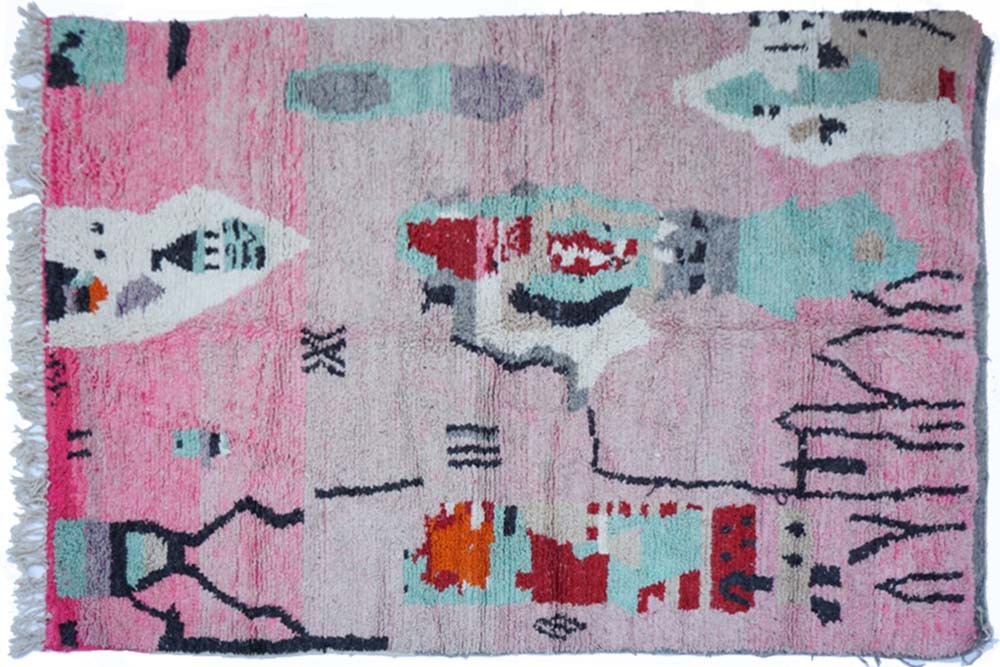 Large Boujad 200 x 290 berber carpet - Pink blue and black