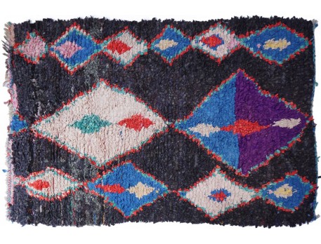 Large Boucherouite rug black blue and red