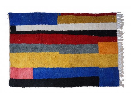 Moyen tapis berbère coloré ancien Boujad bleu rouge jaune moderne
