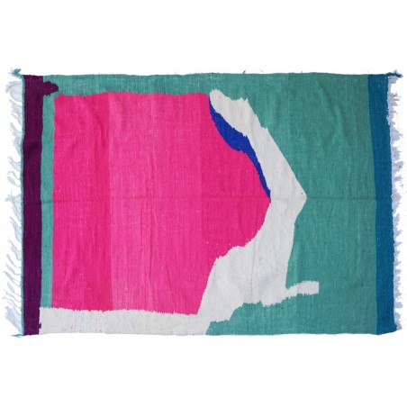 Very large woolen Kilim berber rug 200 x 290 green pink and blue