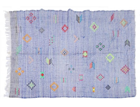 Tapis berbère Kilim en laine fond bleu et motifs