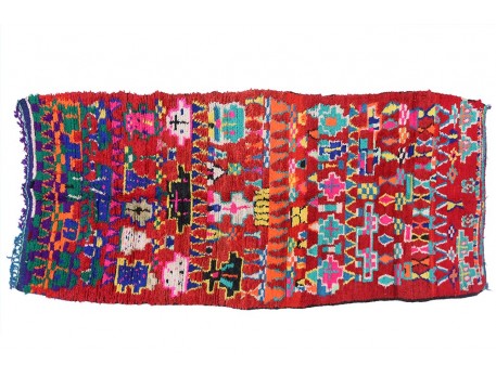 Vintage boucherouite corridor rug red with colorful patterns