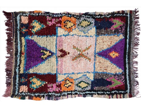 Vintage boucherouite rug black purple and pink