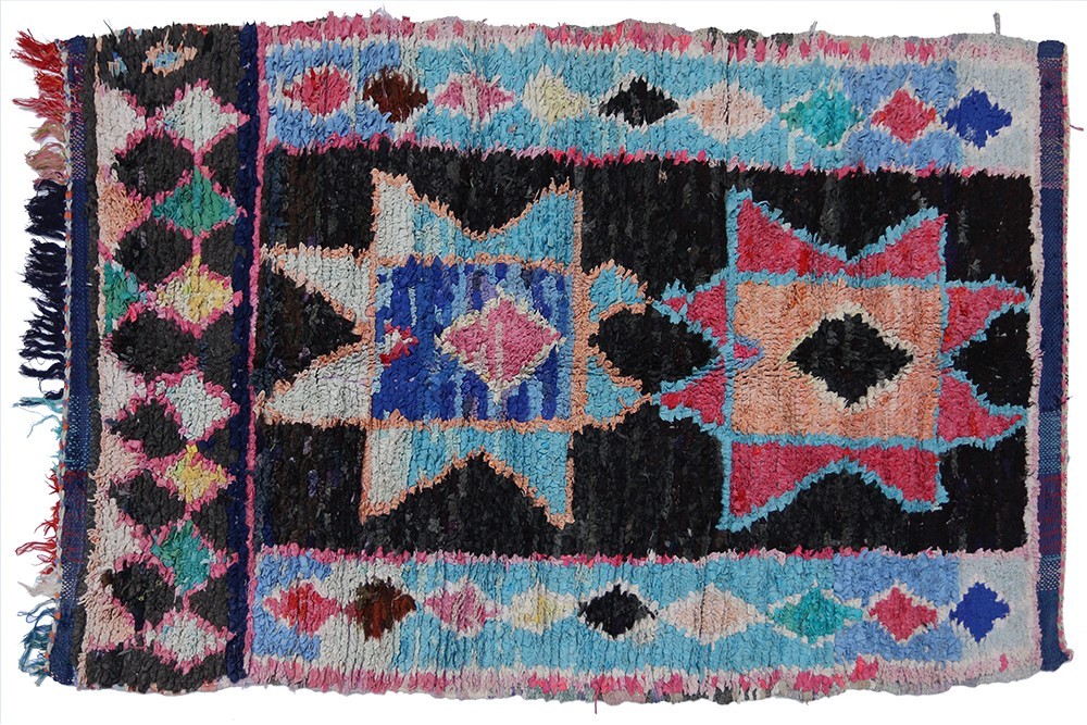 Vintage boucherouite rug black with blue designs