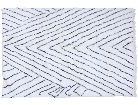Grand tapis berbère Béni Ouarain blanc à chevrons noirs en laine