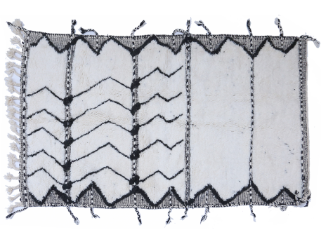 Tapis berbère Béni Ouarain - contours zigzags noirs et blancs en laine