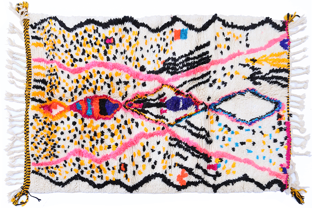 Petit tapis berbère Azilal à pois jaunes et noirs et lignes rose fluo