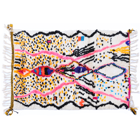Azilal berber rug with black and yellow dots and pink lines