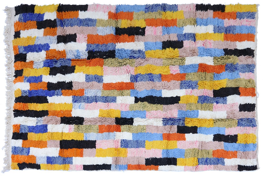 Tapis Boujad ancien à petits rectangles multicolores en laine fait-main