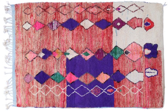 Vintage Berber carpet Boujad salmon pink, purple and colorful diamonds