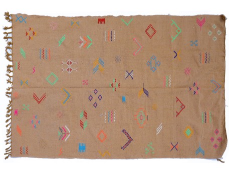 Tapis berbère Kilim en laine marron et motifs néons enfantin - Fait-main