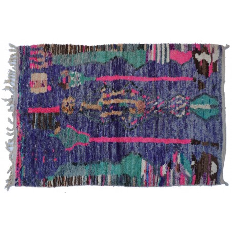 Tapis Boujad ancien fond violet et motifs rose fluo et vert foncé en laine