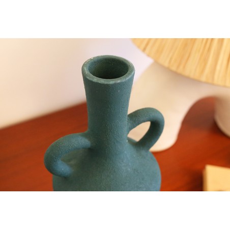 Vase en céramique bleu canard à anses. Fait-main au Maroc.