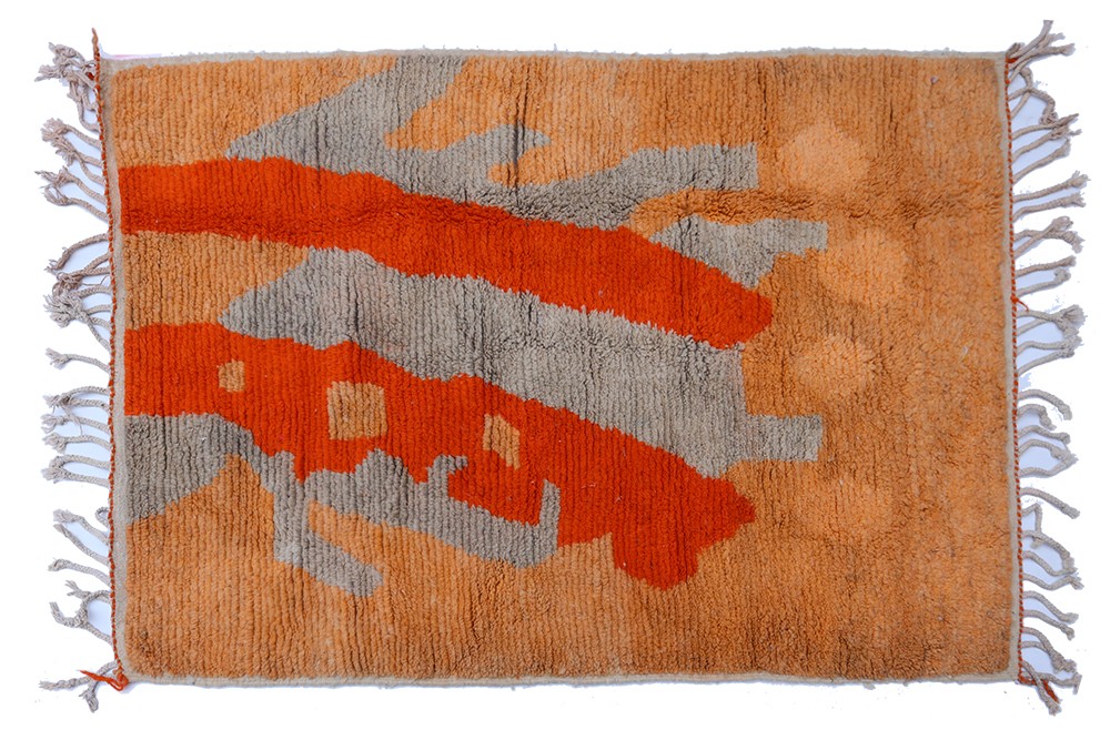 Petit tapis berbère Azilal marron gris orange et rouge en laine fait-main