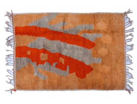 Petit tapis berbère Azilal marron gris orange et rouge en laine fait-main