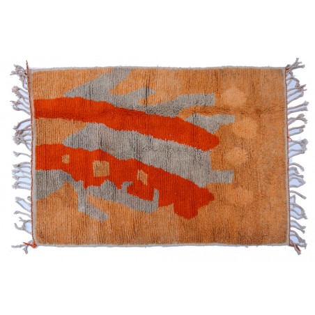 Small Berber carpet Azilal brown gray orange and red wool handmade