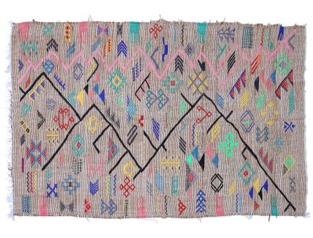 Tapis berbère Kilim en laine fond taupe et motifs fluorescents