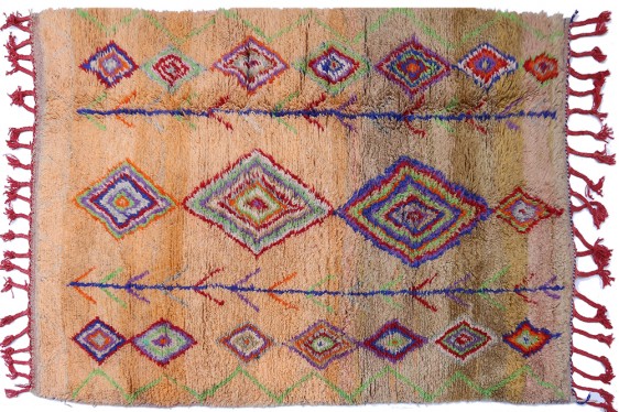 Berber carpet Azilal ochre color and green and burgundy rhombuses