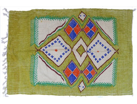Kilim Berber carpet in khaki green wool with pink-blue and beige Berber designs