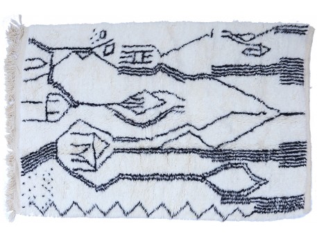 Tapis berbère Béni Ouarain noir et blanc à motifs primitifs en laine, fait-main