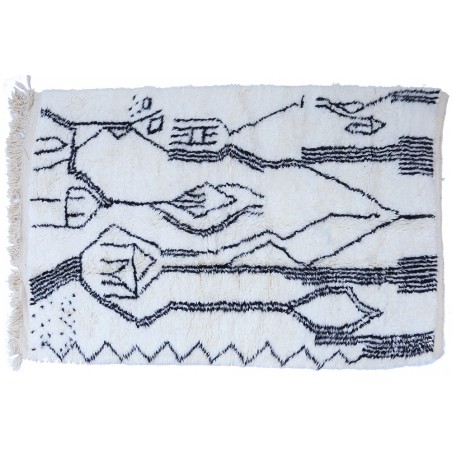 Tapis berbère Béni Ouarain noir et blanc à motifs primitifs en laine, fait-main