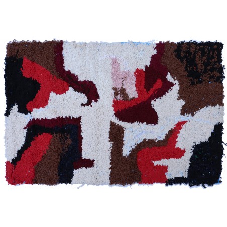Small Vintage Boucherouite rug in burgundy brown, pale pink and asbtracted white