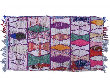 Vintage pink and purple Boucherouite rug with green, pink and yellow handmade lozenges