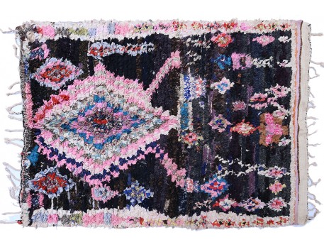 Vintage brown, purple, pale pink and blue Boucherouite carpet made in Morocco