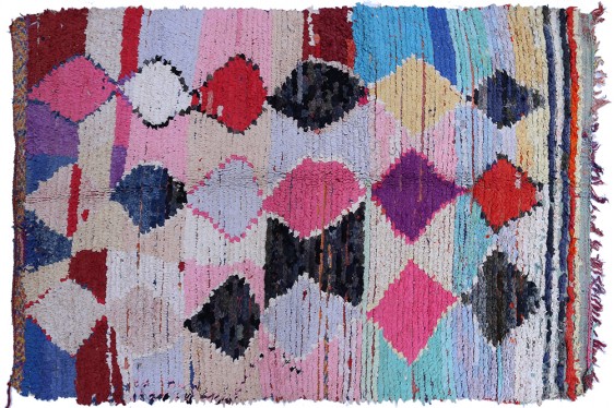 Vintage Boucherouite carpet with blue-pink-black-yellow diamond pattern - Multicolored