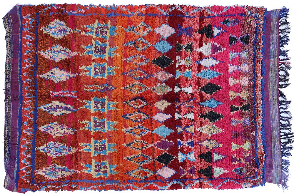 Vintage Boucherouite rug made in Morocco in burgundy, purple and orange with diamond pattern