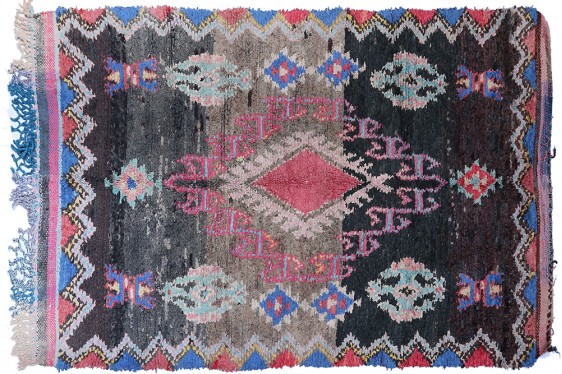 Hand-woven Vintage Boucherouite rug with brown background and turquoise, blue and pink motifs