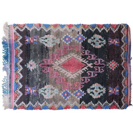Hand-woven Vintage Boucherouite rug with brown background and turquoise, blue and pink motifs