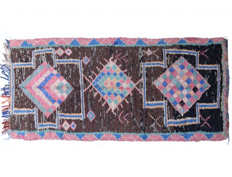 Hand-woven Vintage Boucherouite rug with brown background and blue, turquoise and pink motifs