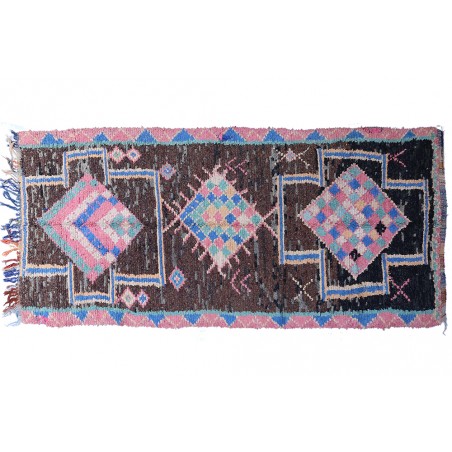 Hand-woven Vintage Boucherouite rug with brown background and blue, turquoise and pink motifs