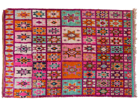Tapis Boujad ancien à petits carreaux violet  et formes géométriques