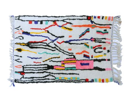 Petit tapis berbère Azilal à lignes noires et colorées abstraites en laine fait-main