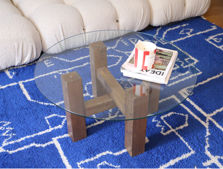 Table basse en bois et plateau verre de 80cm
