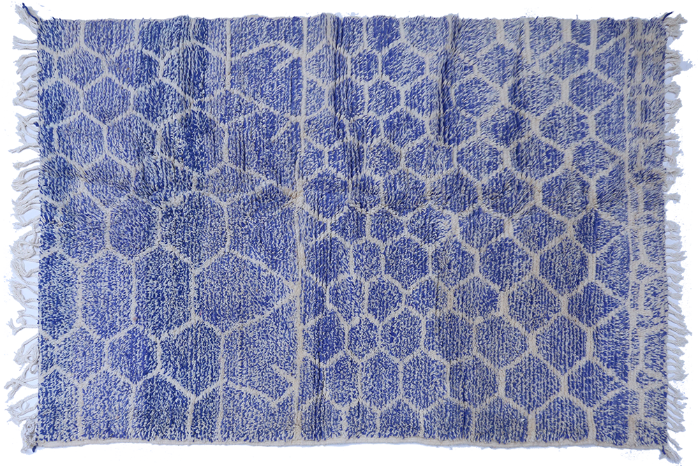 Large modern blue Azilal Berber carpet with white hexagons
