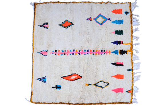Large square Berber Azilal carpet white yellow black pink green orange blue