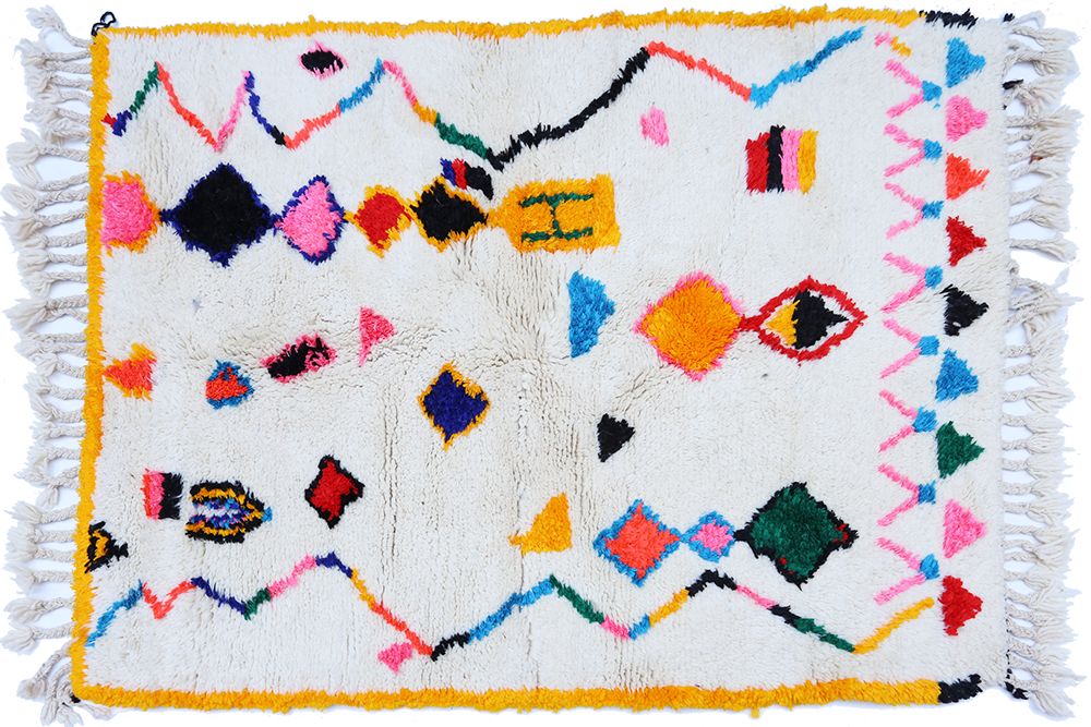 Small white Azilal Berber carpet with coloured zigs zags yellow blue pink orange