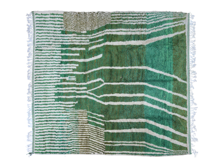 Très grand tapis Boujad ancien carré vert avec lignes jaunes