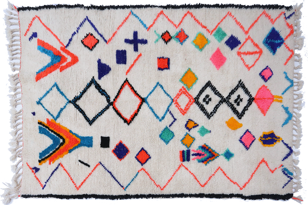 White Azilal Berber carpet with black sides and orange-green-blue motifs 