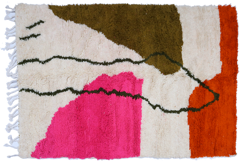 Large modern Berber Azilal carpet white pink green terracotta and orange