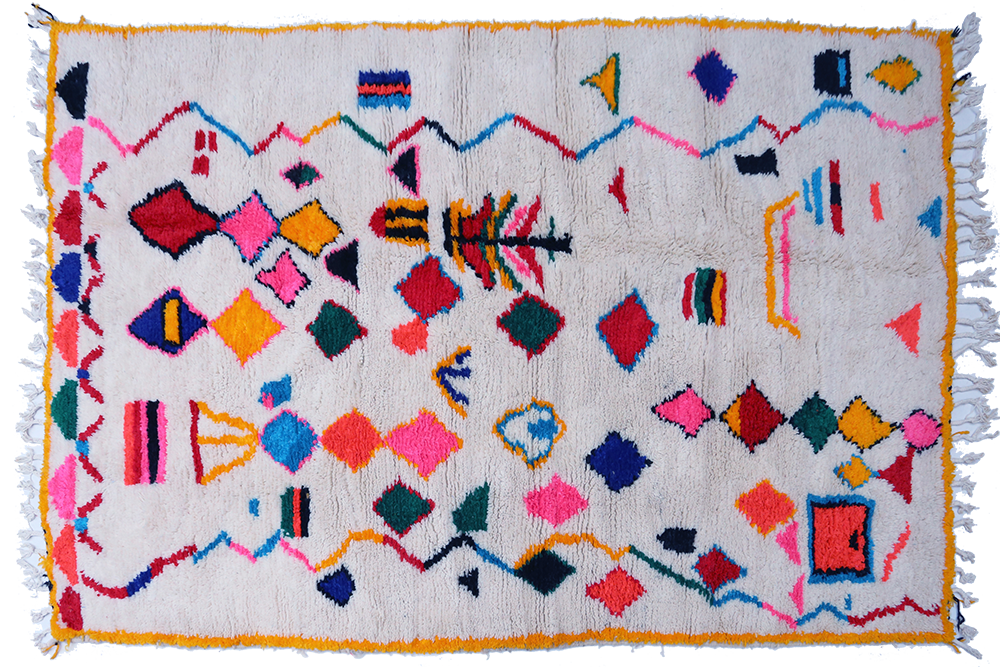 Large white Azilal Berber carpet with yellow outlines and pink and blue motifs