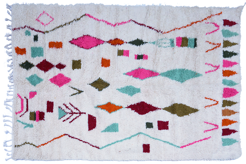 Very large Azilal Berber carpet with zigzags and rhombuses in pink, green and blue